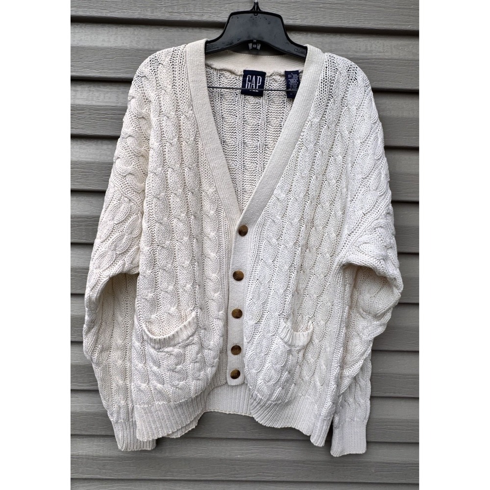 Vintage 90s Gap Mens Large Heavyweight Chunky Cable Knit Cardigan Sweater Cream